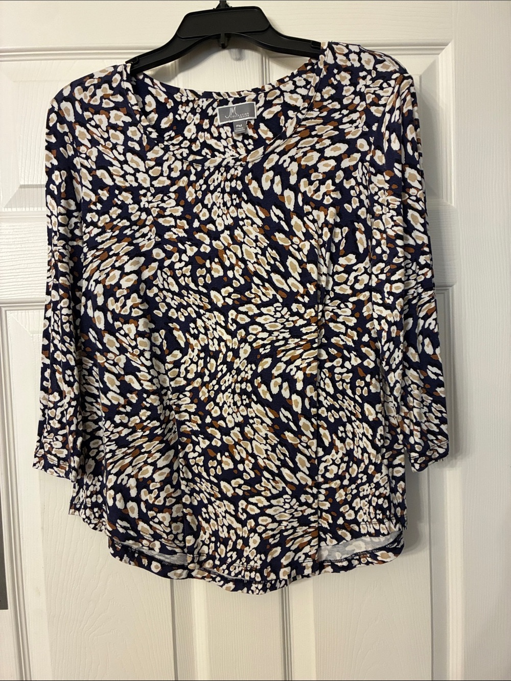 JM Collection Navy Blouse with White and Brown Abstract Print